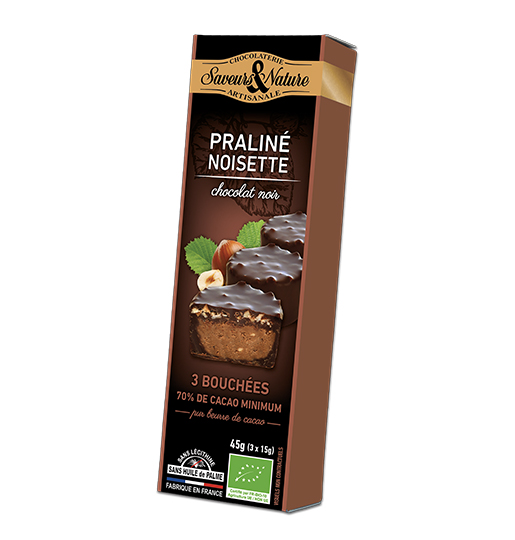 BOUNO - Bouchées praliné noisette enrobées choc noir 70% de cacao - 3 x 15g (10)